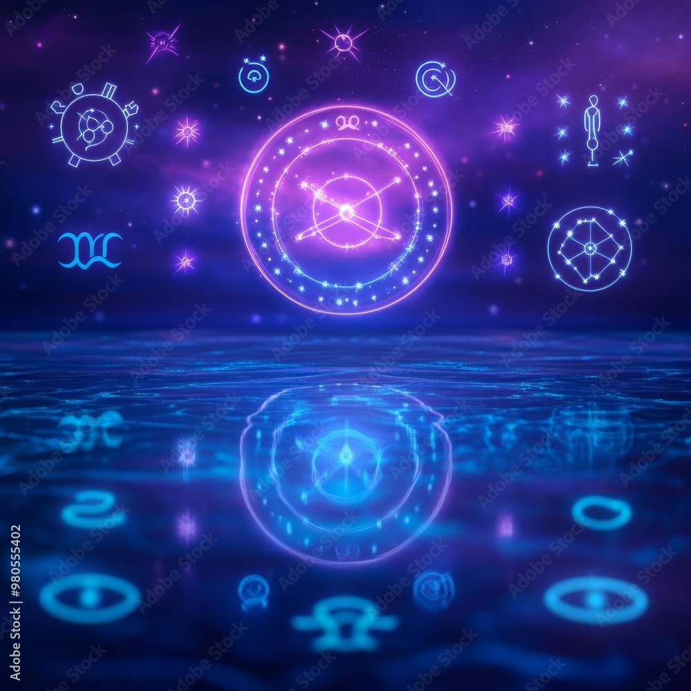 Obraz premium Zodiac symbols reflected in a cosmic lagoon, glowing with celestial energy