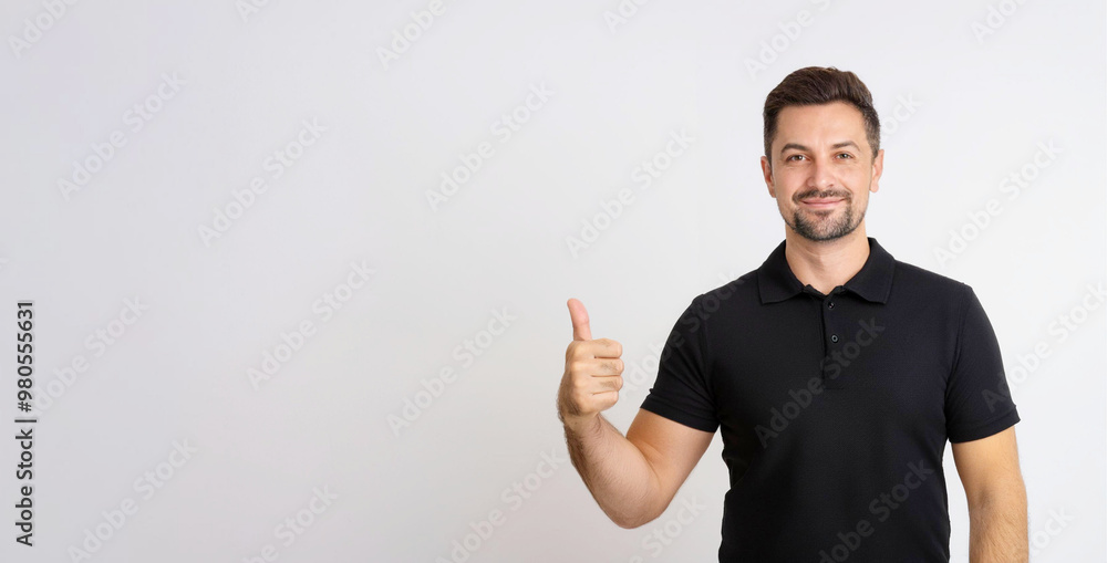 A portrait of a man wearing a black polo shirt giving a thumbs up. A portrait of a man wearing a black polo shirt giving a thumbs up.