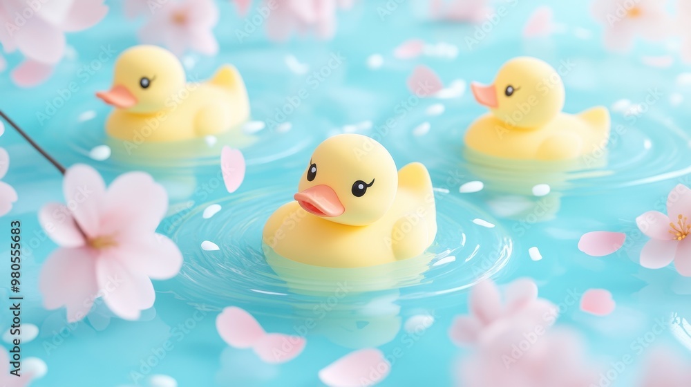 Yellow rubber duck in the bathtub with rubber duck toys in bathroom and cherry blossom in onsen,Bathtub full of foam with bubbles,relaxing in water,Vector illustration. Yellow rubber duck in the bathtub with rubber duck toys in bathroom and cherry blossom in onsen,Bathtub full of foam with bubbles,relaxing in water,Vector illustration.