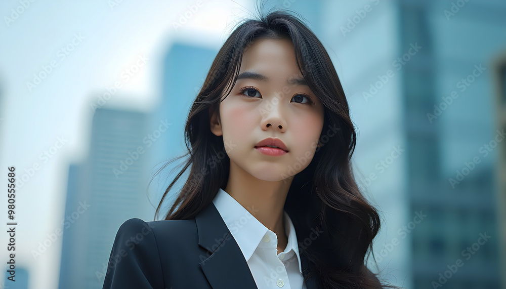 Young Businesswoman Looking Up in City. Young Businesswoman Looking Up in City.