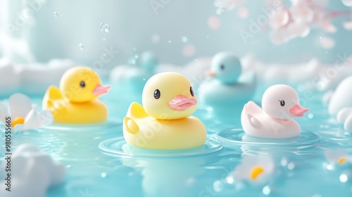 Yellow rubber duck in the bathtub with rubber duck toys in bathroom and cherry blossom in onsen,Bathtub full of foam with bubbles,relaxing in water,Vector illustration.