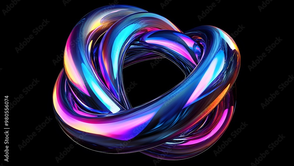 Abstract fluid 3D render, a colorful iridescent gradient in the shape of two intertwined rings on a black background. Abstract fluid 3D render, a colorful iridescent gradient in the shape of two intertwined rings on a black background.