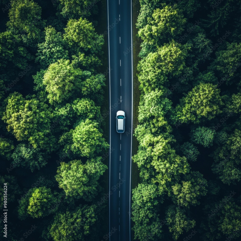 Car driving through a road surrounded by dense green forest. Photography with drone on a summer day Car driving through a road surrounded by dense green forest. Photography with drone on a summer day