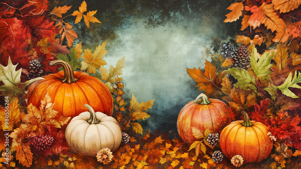 A colorful autumn scene with leaves and pumpkins. A colorful autumn scene with leaves and pumpkins.