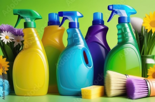 Various cleaning products on a green background with flowers. eco-friendly cleaning products