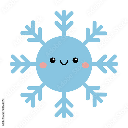 Snowflake icon. Cute cartoon kawaii funny baby character. Smiling face emotion. Winter sign symbol. Snowflakes collection. Blue color. Childish style. Flat design. White background. Isolated. Vector