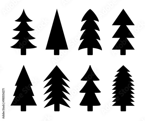 Christmas tree set. Black silhouette. Fir tree collection. Pine trees. Different shape. New Year winter sign symbol. Greeting card, banner, web, sticker template. Flat design. White background. Vector