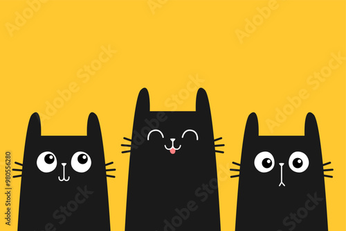 Black cat kitten kitty face icon set. Cute kawaii cartoon character. Sad, happy, surprised emotion. Valentines Day. Greeting card, banner, tshirt, sticker print. Yellow background. Flat design. Vector