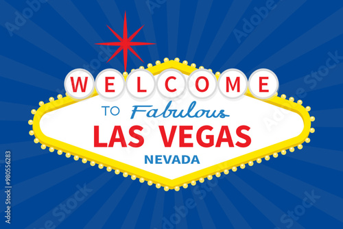 Welcome to Las Vegas sign icon. Red star. Nevada sight showplace symbol. Template for greeting card, banner, sticker print. Flat design. Isolated. Blue abstract background. Light of sunburst. Vector