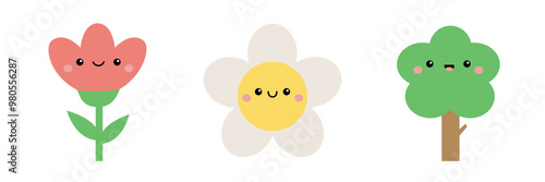 White chamomile daisy, tulip, green tree icon set. Smiling face head. Cute kawaii cartoon flower plant collection. Funny character. Growing concept. Childish style. Flat design White background Vector