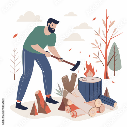 Bearded man chopping wood near a campfire in a natural outdoor setting during autumn