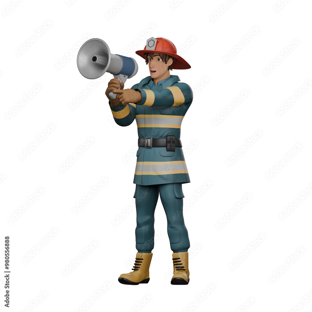 3D Male Firefighter. A firefighter stands holding a bullhorn in his hand and his other hand pointing forward, as if conveying information. Professional Firefighting Character 3D Male Firefighter. A firefighter stands holding a bullhorn in his hand and his other hand pointing forward, as if conveying information. Professional Firefighting Character