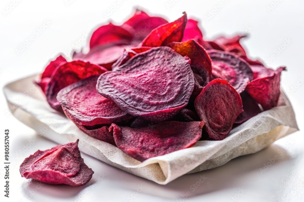 Fototapeta premium Crunchy beet chips scattered on a rustic cloth napkin.