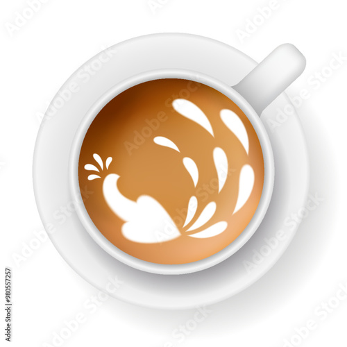 Coffee mug top view. Cappuccino espresso latte milk brown coffee vector realistic template