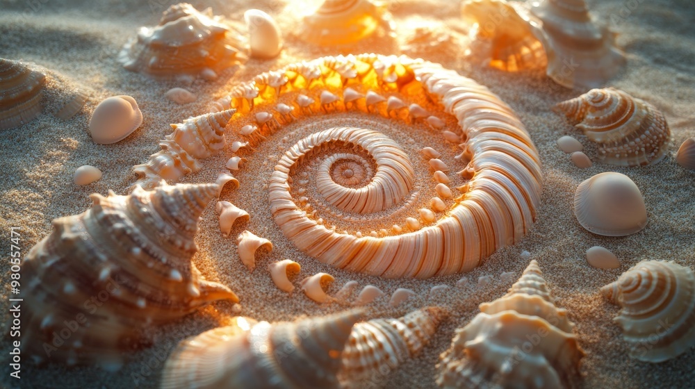 Close-up of spiral seashells forming a precise circular mandala on a sunlit beach, the textures of sand and shell highlighted in fine detail Close-up of spiral seashells forming a precise circular mandala on a sunlit beach, the textures of sand and shell highlighted in fine detail