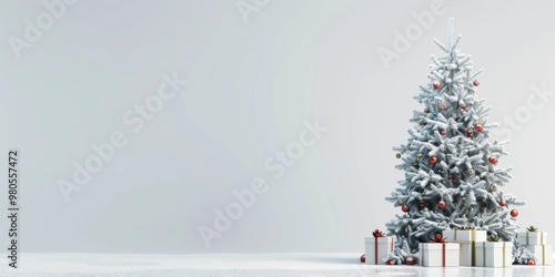 A beautifully decorated snow-covered Christmas tree stands beside a collection of gifts. The minimalist backdrop highlights the festive ambiance, perfect for holiday-themed projects and decorations.