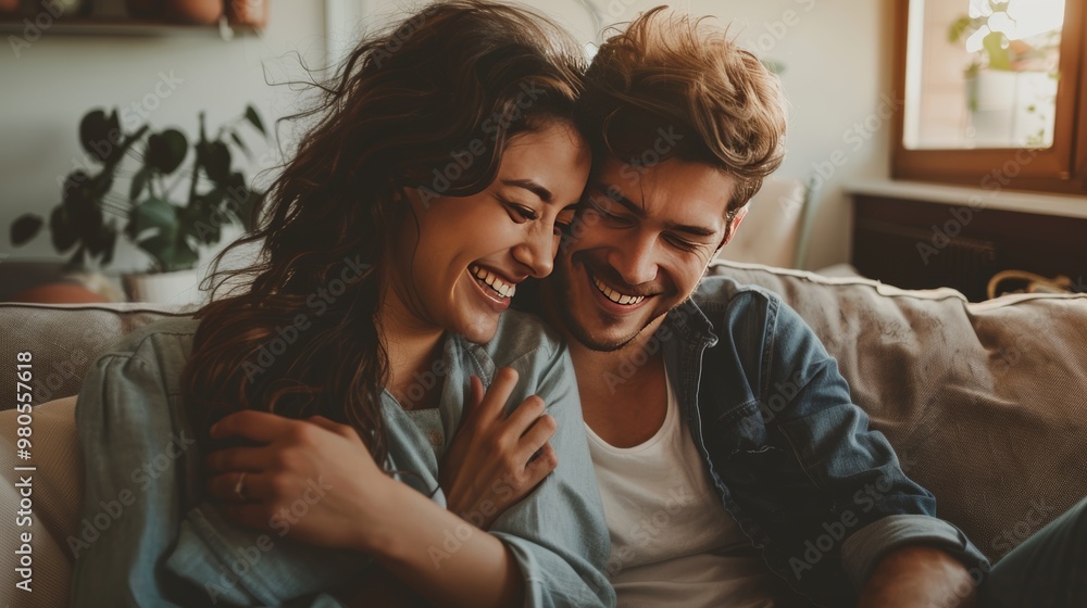 Intimate moment of joy a couple on a couch sharing smiles and celebrating their love together Intimate moment of joy a couple on a couch sharing smiles and celebrating their love together