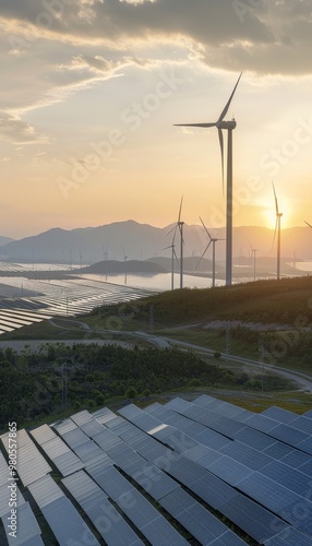 Harmonious integration of wind turbines and solar energy storage for a sustainable future photo