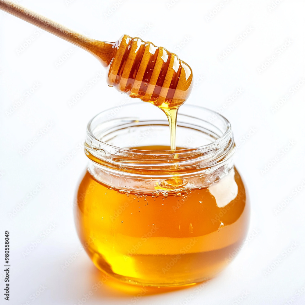 Glass jar of honey, dipper with honey drizzle, white background, bright lighting, pure and natural. Glass jar of honey, dipper with honey drizzle, white background, bright lighting, pure and natural.