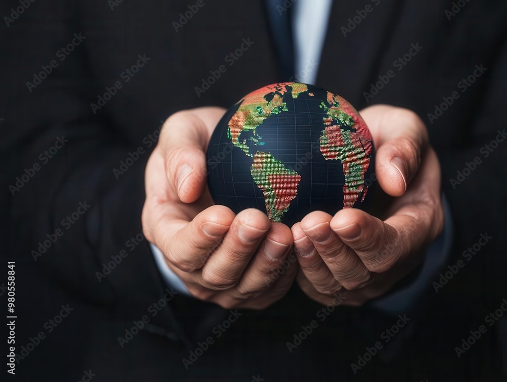 Hands balancing digital globe icons with financial charts, symbolizing balanced global portfolio investment, balanced portfolio, global financial strategy Hands balancing digital globe icons with financial charts, symbolizing balanced global portfolio investment, balanced portfolio, global financial strategy