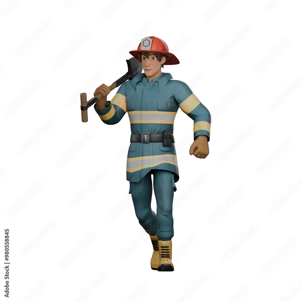 Male Firefighter 3D Illustration. A firefighter walks with a shovel on his shoulder. Professional Male Firefighter 3D Illustration. A firefighter walks with a shovel on his shoulder. Professional