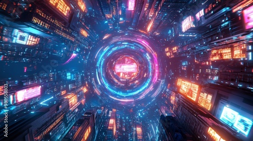 Futuristic city layout with circular streets, radiating like spokes from a central skyscraper, glowing neon buildings, holographic billboards, cyberpunk style, nighttime with neon blues and purples