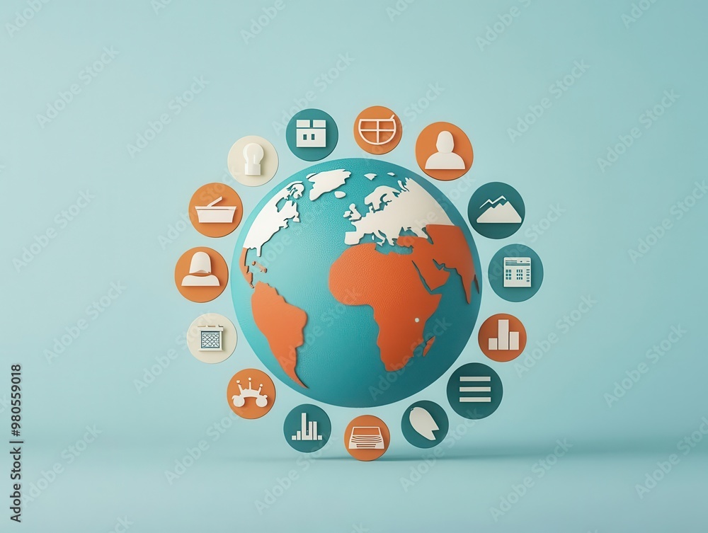 Group of diverse assets represented by icons surrounding a globe, symbolizing a well-balanced global portfolio, diverse portfolio, global assets Group of diverse assets represented by icons surrounding a globe, symbolizing a well-balanced global portfolio, diverse portfolio, global assets