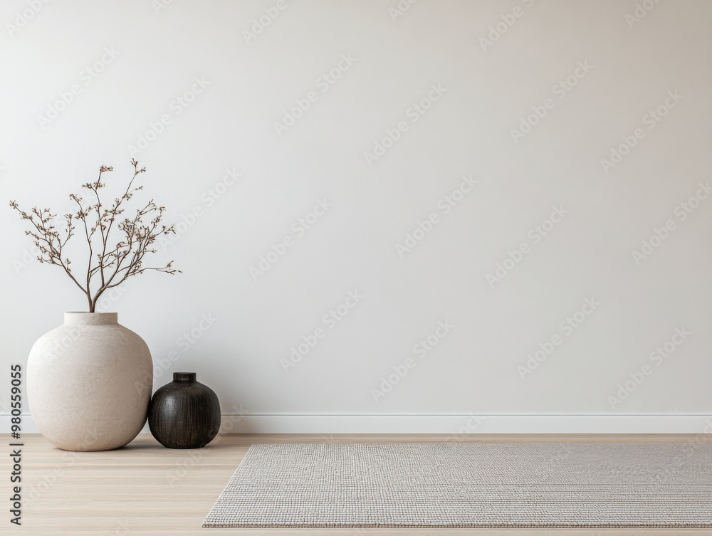 Elegant minimalistic interior design featuring ceramic vases and a cozy rug in a tranquil room setting