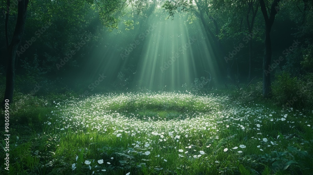 In the middle of a thick woodland, a bright circular opening reveals a sunlit patch of wildflowers, the beams of light perfectly centered on the clearing In the middle of a thick woodland, a bright circular opening reveals a sunlit patch of wildflowers, the beams of light perfectly centered on the clearing