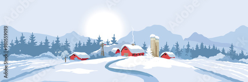 Abstract winter rural landscape with farm house. Vector illustration, wheat fields and meadows. Christmas time.