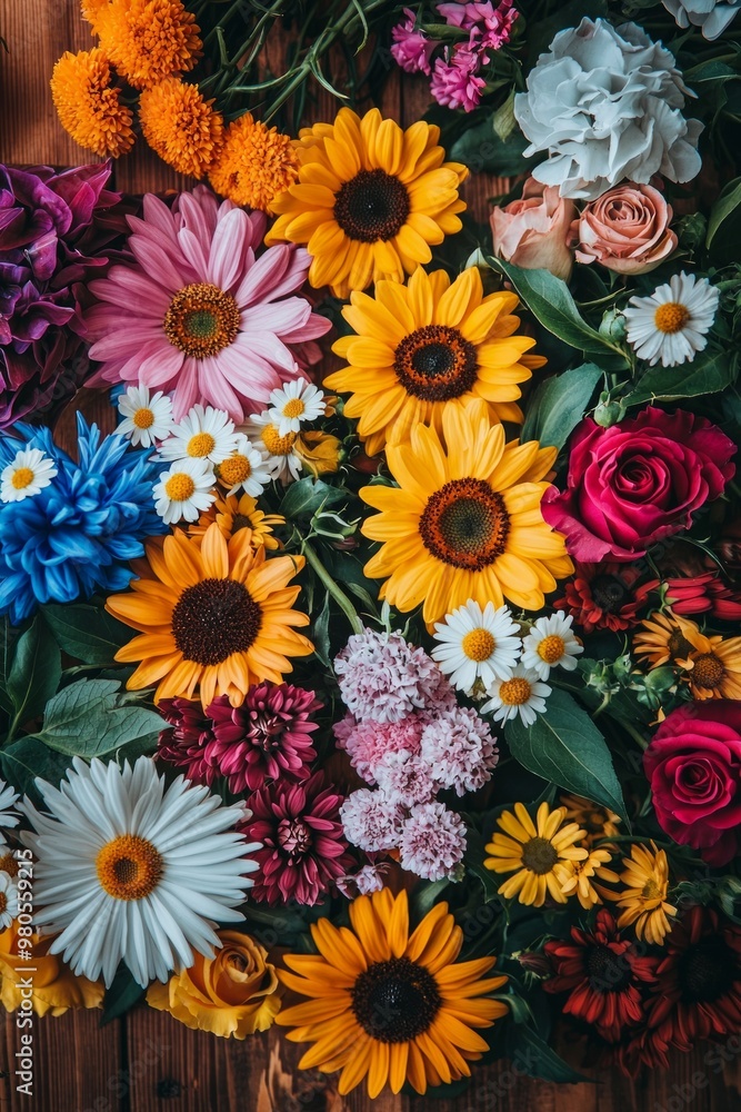 A top down view of a collection of vivid flowers like sunflowers, daisies, and roses, arranged symmetrically on a wooden table. A top down view of a collection of vivid flowers like sunflowers, daisies, and roses, arranged symmetrically on a wooden table.