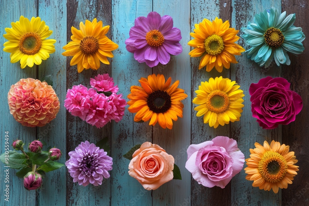 A top down view of a collection of vivid flowers like sunflowers, daisies, and roses, arranged symmetrically on a wooden table. A top down view of a collection of vivid flowers like sunflowers, daisies, and roses, arranged symmetrically on a wooden table.