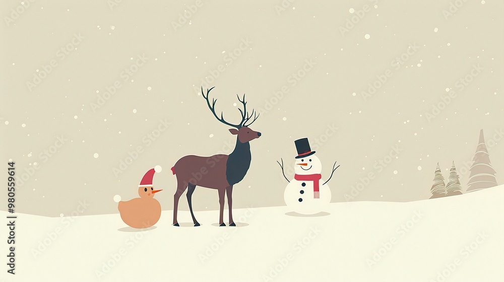A minimalist background showcases Santa's elk and a snowman. The elk stands with grace, its antlers reaching upwards. The snowman is crafted with care, with a carrot nose and coal eyes A minimalist background showcases Santa's elk and a snowman. The elk stands with grace, its antlers reaching upwards. The snowman is crafted with care, with a carrot nose and coal eyes