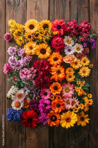 A top down view of a collection of vivid flowers like sunflowers, daisies, and roses, arranged symmetrically on a wooden table. 