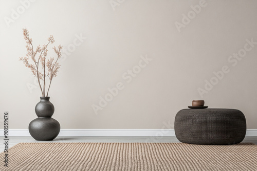 Neutral-toned living room with modern decor featuring a vase of dried flowers and a textured pouf for a minimalist aesthetic