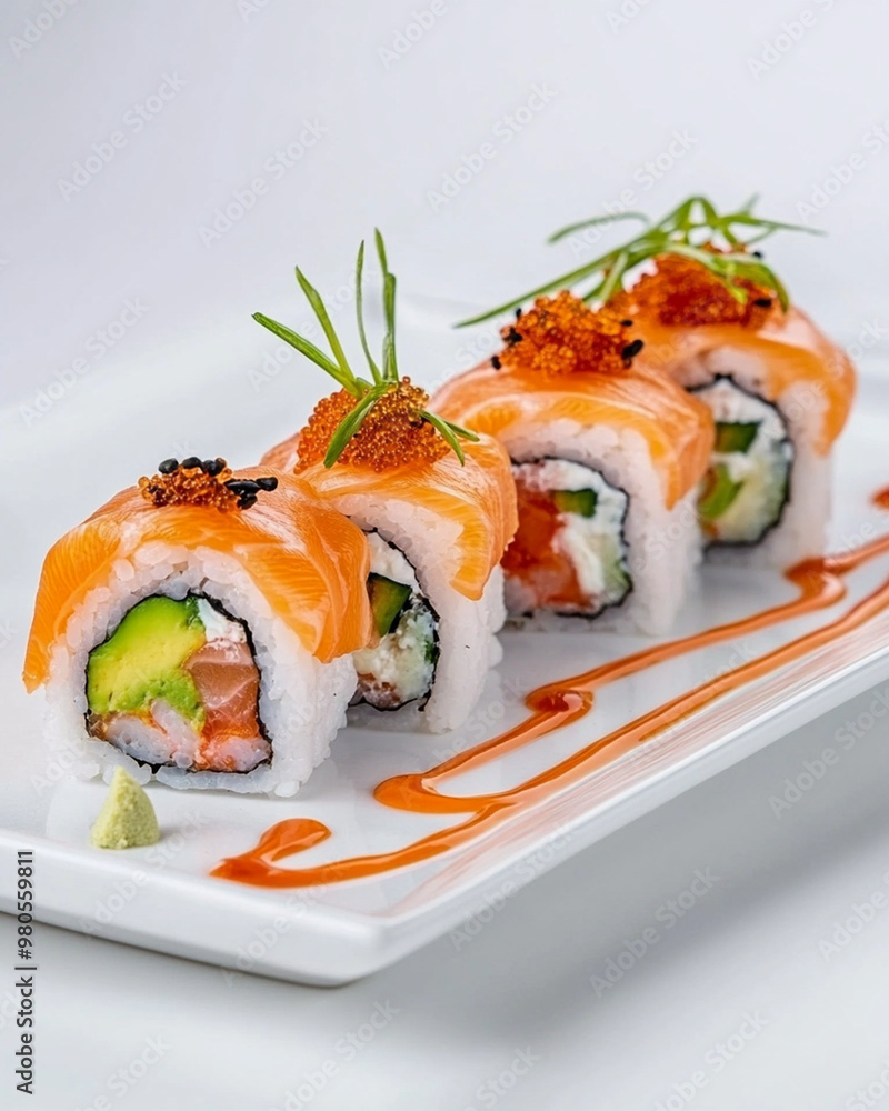 Fresh sushi rolls on a white plate, clean white background, vibrant colors, appetizing and fresh. Fresh sushi rolls on a white plate, clean white background, vibrant colors, appetizing and fresh.