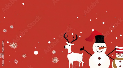 A minimalist background showcases Santa's elk and a snowman. The elk stands with grace, its antlers reaching upwards. The snowman is crafted with care, with a carrot nose and coal eyes