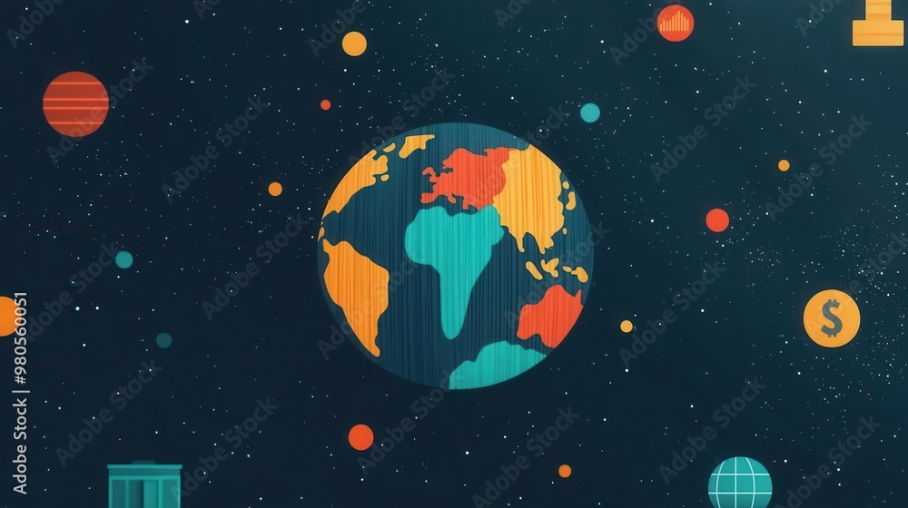 Naklejka premium Financial icons such as stocks, bonds, and real estate circling around a globe, representing diverse global investments, investment diversification, global portfolio management