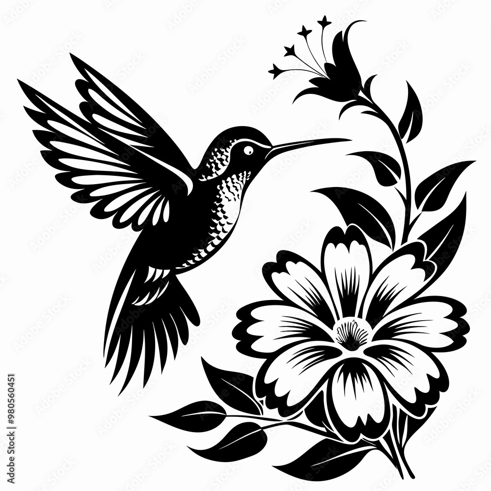 Obraz premium Stylized black and white hummingbird and floral design showcasing elegance and motion