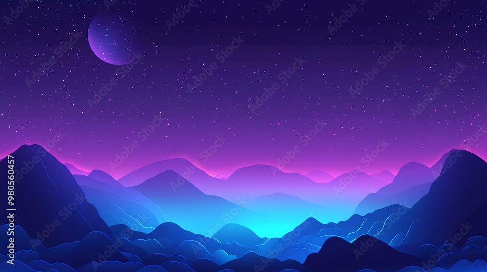 Obraz premium Stunning digital landscape featuring mountains under a starry sky with vibrant purple and blue hues, evoking a sense of tranquility.