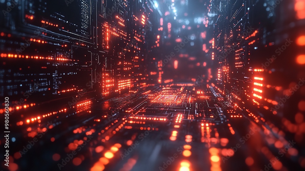 Naklejka premium Abstract Grid with Pink and Blue Lights and Bokeh Effect