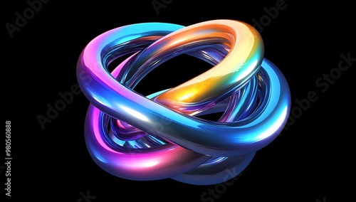 Abstract fluid 3D render, a colorful iridescent gradient in the shape of two intertwined rings on a black background. 