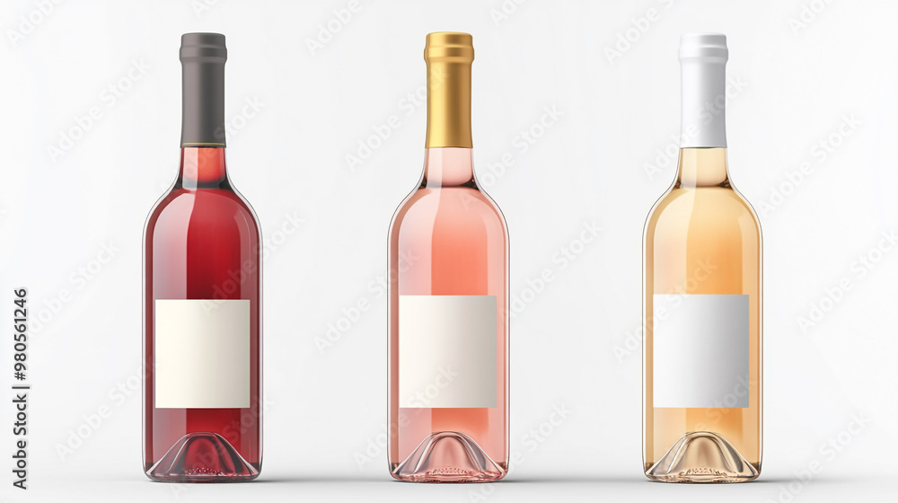 Three distinct wine bottles stand side by side, featuring red, rosé, and white varietals Three distinct wine bottles stand side by side, featuring red, rosé, and white varietals