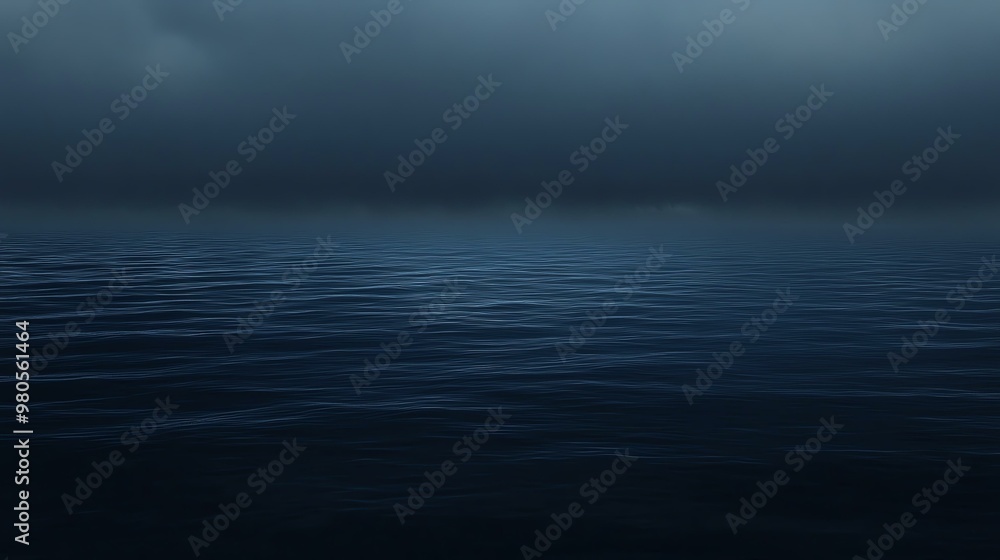 Obraz premium A serene view of calm blue water under a moody, overcast sky, creating a tranquil atmosphere for relaxation and reflection.