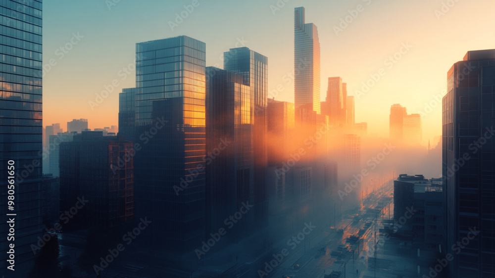 A photograph of a modern city skyline, high-rise buildings shrouded in morning mist, bathed in soft orange dawn light.