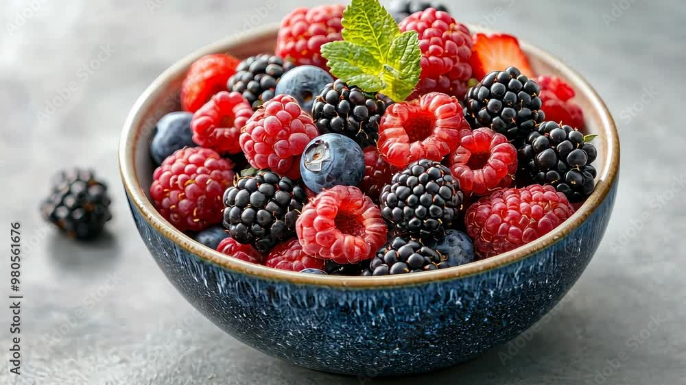 A vibrant bowl of fresh mixed berries, including raspberries, blueberries, and blackberries, garnished with a mint leaf. A vibrant bowl of fresh mixed berries, including raspberries, blueberries, and blackberries, garnished with a mint leaf.