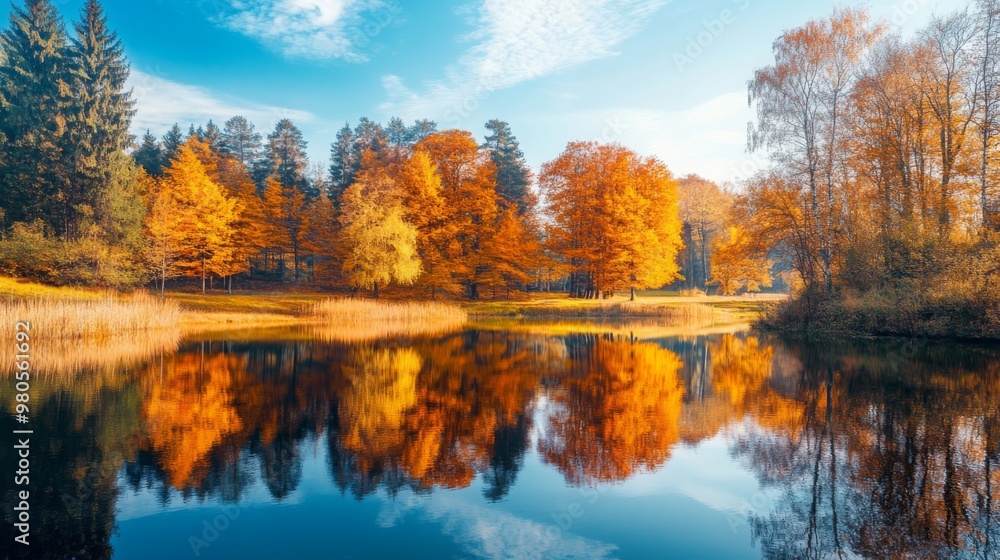 Vibrant autumn trees with orange and yellow leaves surround a tranquil lake. Their colorful reflections create a picturesque view, enhanced by a clear blue sky and soft clouds. Vibrant autumn trees with orange and yellow leaves surround a tranquil lake. Their colorful reflections create a picturesque view, enhanced by a clear blue sky and soft clouds.