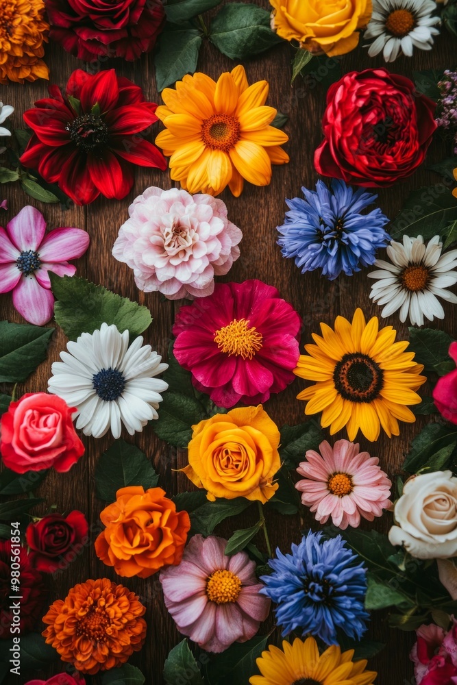 A top down view of a collection of vivid flowers like sunflowers, daisies, and roses, arranged symmetrically on a wooden table. A top down view of a collection of vivid flowers like sunflowers, daisies, and roses, arranged symmetrically on a wooden table.