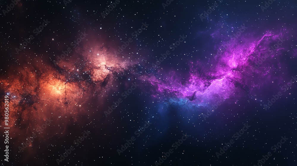 Naklejka premium A vibrant cosmic scene featuring a colorful nebula surrounded by twinkling stars, capturing the beauty of the universe.