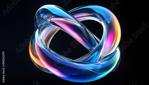 Abstract fluid 3D render, a colorful iridescent rings on a black background. 